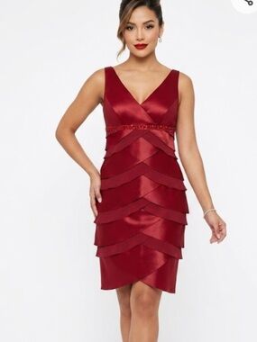 Alex Evenings Wine Red Satin Tiered V-Neck Cocktail Dress